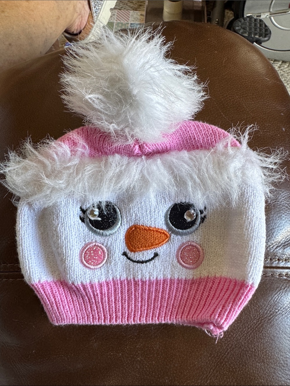 Kids Pink & White Snowman Pom-Pom Beanie